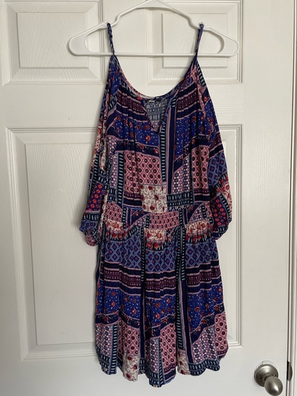 American Eagle Outfitters Blue &Pink Patchwork Cutouts on Shoulder Mini Dress XS